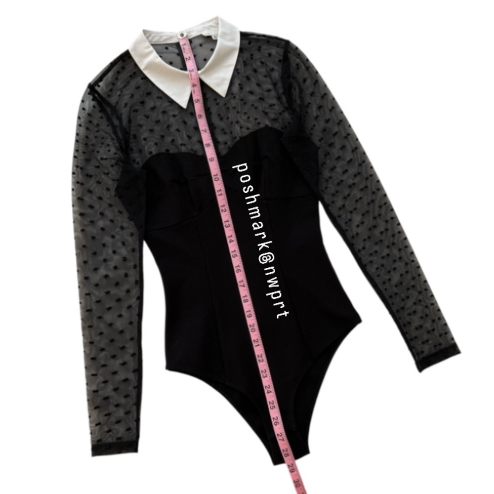 FLEUR DU MAL Polka Dot Tulle Mesh Collar Bodysuit Sheer Black White XS - Picture 10 of 14